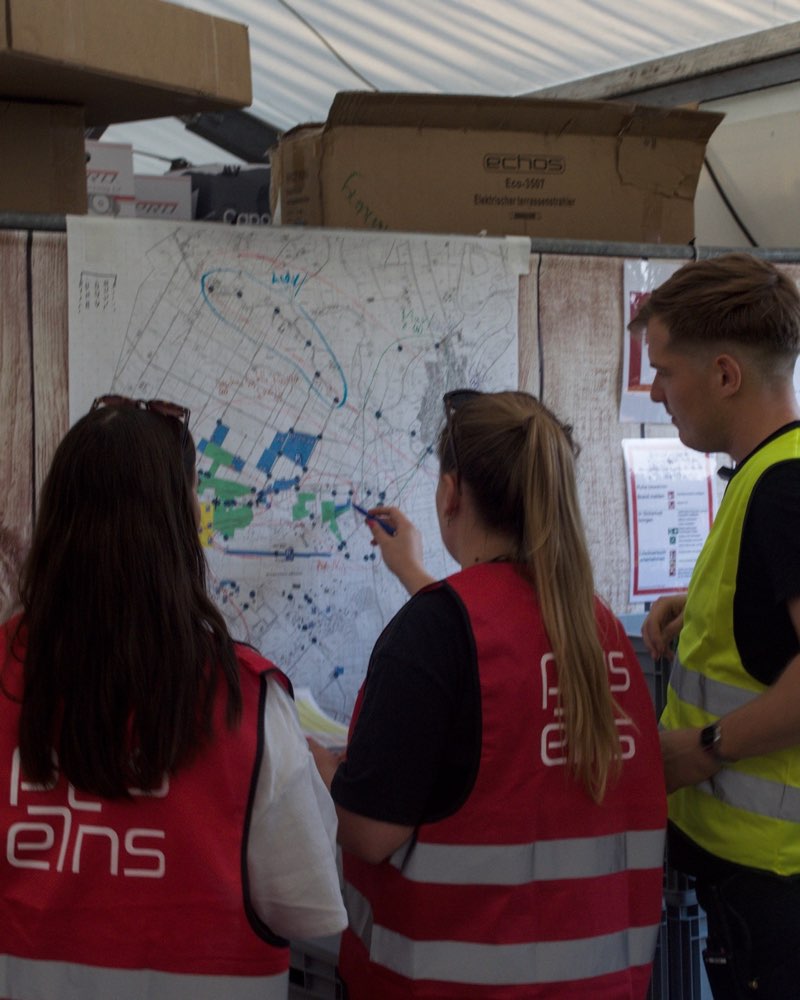 pluseins Team bei der gemeinsamen Planung an einem Geländeplan